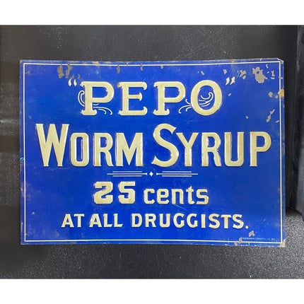 PEPO Worm Syrup Early Embossed Tin Advertising Sign
