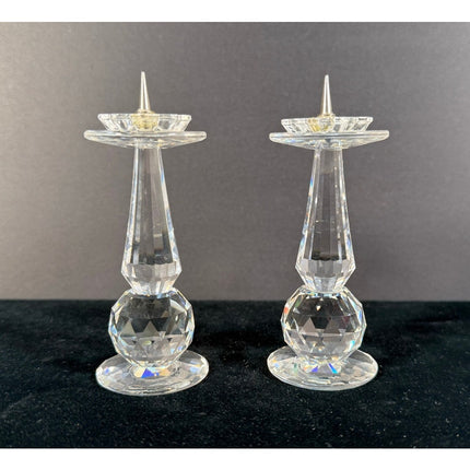 Swarovski Crystal Pillar Candle Holders Set of 2 Signed 4” Pin Style
