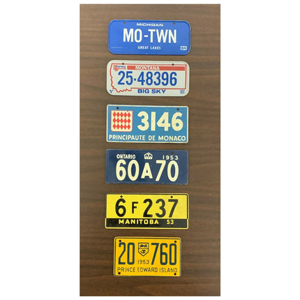 Lot of 6 Vintage Toy Bicycle License Plates – 1953 Canada & 1980s USA Metal Tags