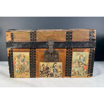 Child’s Humpback Trunk w/ Victorian Scenes – Early 1900s Antique Chest