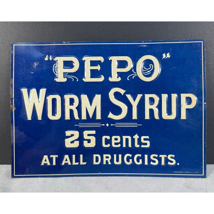 Vintage PEPO Worm Syrup Embossed Tin Advertising Sign