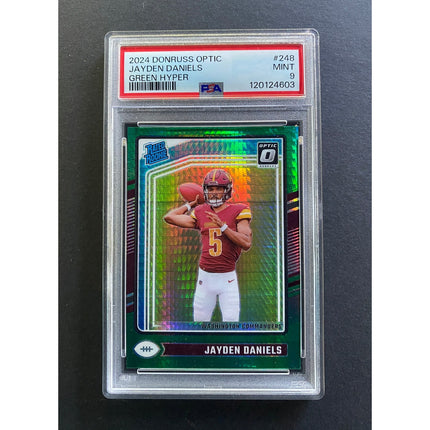 Jayden Daniels 2024 Optic 248 Commanders Rated Rookie Green Hyper PSA 9