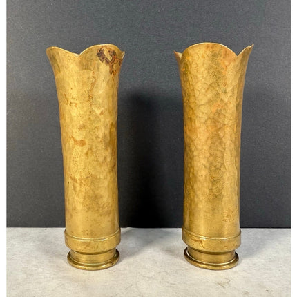 Pair WW1 Cherbourg Trench Art Bud Vases Antique Brass Shell Art