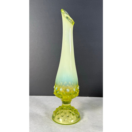 Vintage Fenton Yellow Opalescent Hobnail Uranium Glass 9" Swung Bud Vase