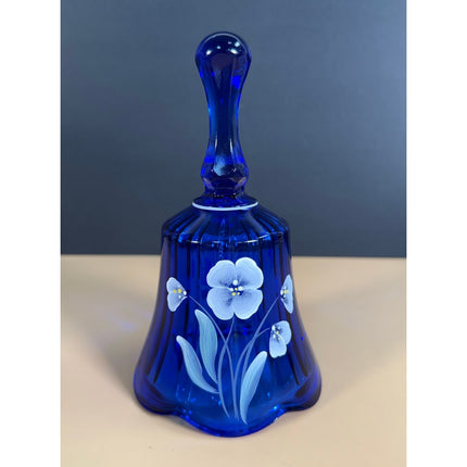 VTG Fenton Cobalt Blue Hand Painted Glass Bell Floral Theme Signed M. Cronin