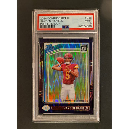 Jayden Daniels 2024 Optic 248 Commanders Rated Rookie Purple Shock PSA 9
