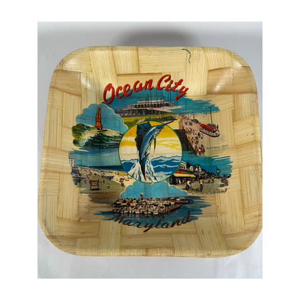 Vintage Ocean City Maryland Souvenir Woven Bamboo Square Serving Bowl