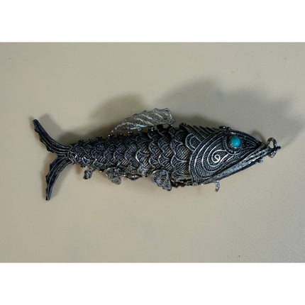 Vintage Koi Fish Sterling Silver Articulated Pomander Pendant Turquoise Eyes