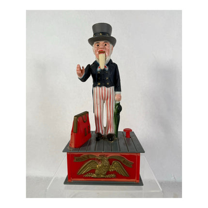 Vintage Uncle Sam 9" Plastic Mechanical Coin Bank Figure — Working!