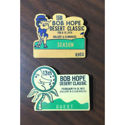 2 Bob Hope Desert Classic Golf Badges 1972 Guest & 1974 Season TTC Trammel Co.