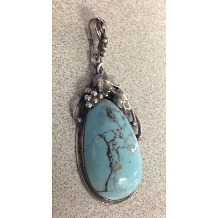 925 Sterling Silver Signed Turquoise Pendant – Ornate Grape & Leaf Design