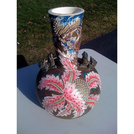 Asian Vase, 1940s-50s, Raised Relief Flowers & Dragon