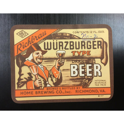 Richbrau Wurzburger Type Dark Beer Label – IRTP Early 1930s