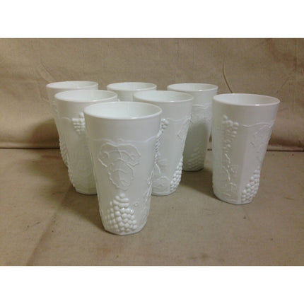 Vintage Set of 7 White Milk Glass Tumblers with White Grapes