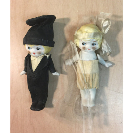 Vintage 1930s Bisque Bride & Groom 4.5" Dolls Crêpe Paper Clothes, Moveable Arms