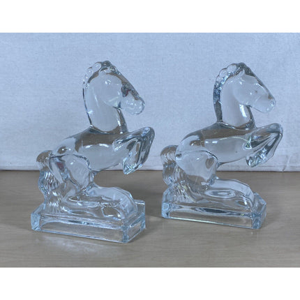 1940’s Vintage Pair LE Smith Clear Glass Rearing Horse Bookends