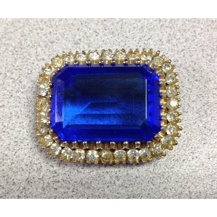 Vintage Large Rectangular Royal Blue Stone & Rhinestone Brooch
