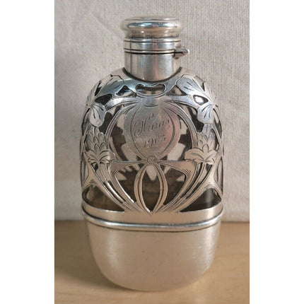 Antique 1903 Sterling Silver Monogrammed Overlaid Glass Flask