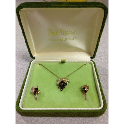 VTG De Curtis 14K Gold Filled Red Berry Necklace, Screw Back Earrings Set w/ Box