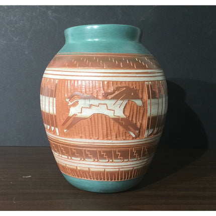 Handmade Navajo Clay Pot by V. King – Horse Design Pottery – Signed