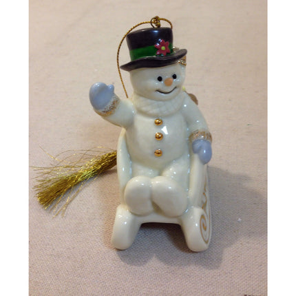 Lenox 1999 Annual Christmas Ornament Fine China w/ 24K Gold Snowman in a Sled