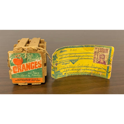 VTG 1950s Souvenir Florida Candy Oranges in Wooden Crate w/ Miami Mailing Tag