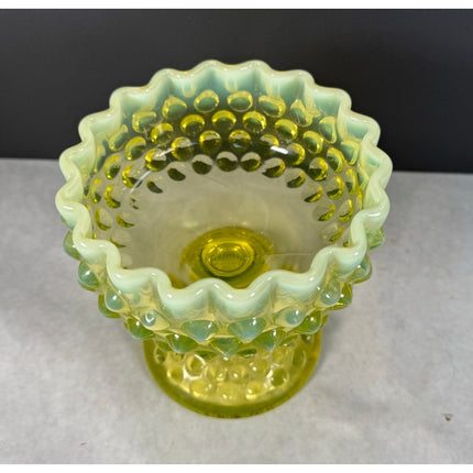 Fenton Uranium Glass Footed Hobnail Candy Dish 5 3/4" Topaz Opalescent Vaseline