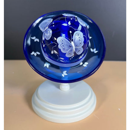 Fenton Cobalt Blue Bye Bye Butterfly Hand Painted Glass Art Hat w/ Stand 21/2500