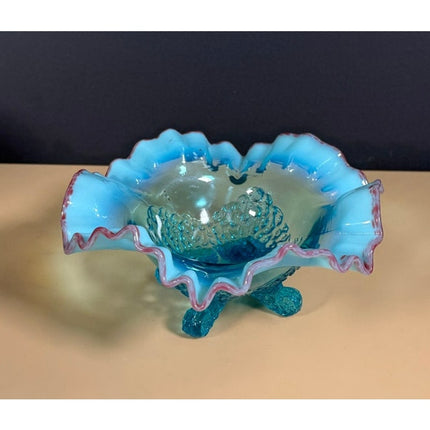 Antique Jefferson Blue Opalescent Footed Bowl Ruffled Cranberry Rim 7"
