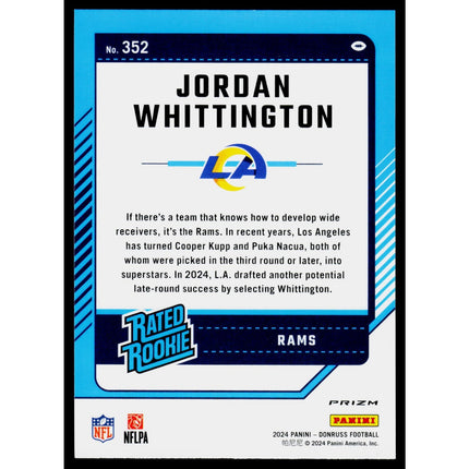 Jordan Whittington 2024 Donruss Optic Rated Rook Preview Red Wave #352 RC Rams