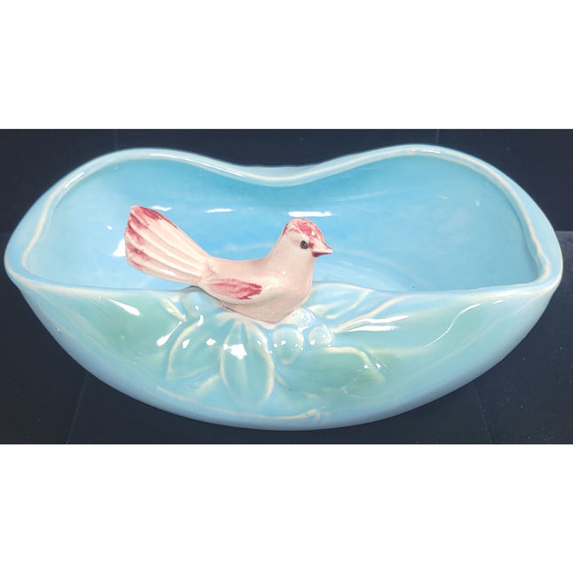 Vintage McCoy Bird Bath Bowl Planter – Blue & Burgundy  Ceramic Glaze