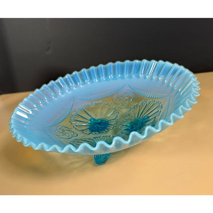 Antique Blue Opalescent Pretzel Footed Bowl Ruffled Rings Art Glass 9"