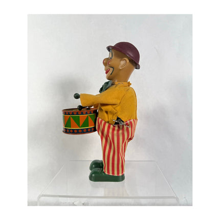 Vintage Windup Rare Litho Tin Toy Joker Cloth Outfit Playing Drum – Working