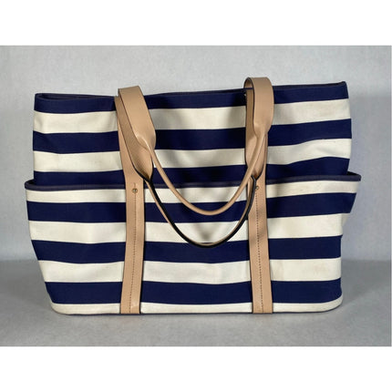 Kate Spade Striped Canvas Leather Weekender Tote Navy White Travel Bag