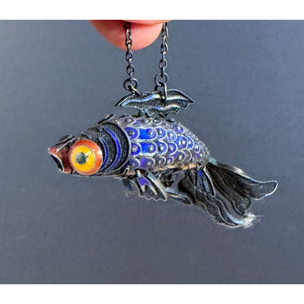 Cloisonne Koi Fish Pendant Sterling Silver 3.5" Vintage Jewelry Collectible