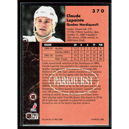 Claude Lapointe 1991-92 Parkhurst #370 RC Quebec Nordiques