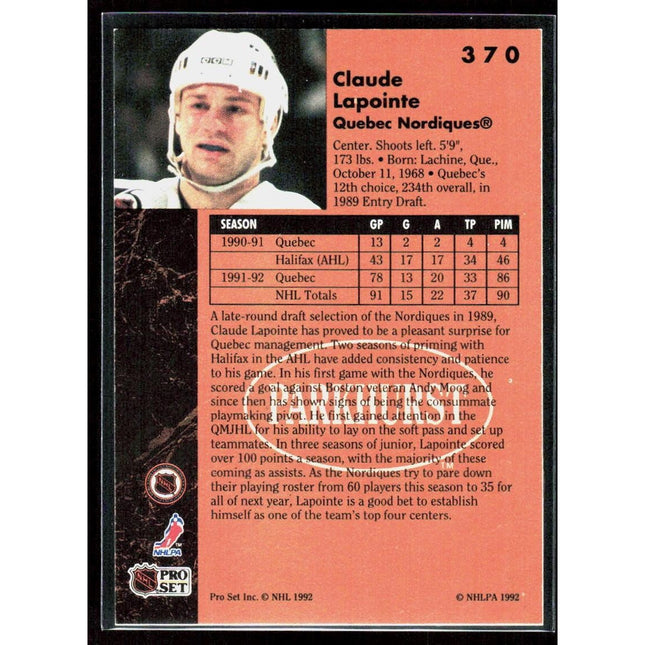 Claude Lapointe 1991-92 Parkhurst #370 RC Quebec Nordiques