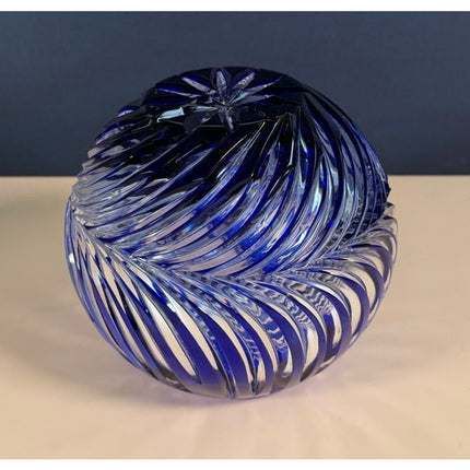 Lausitzer Glas Blue Hand-Cut Art Glass Vase East Germany w/ Label Vintage