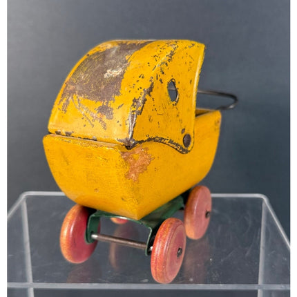 Baby Buggy Carriage Pressed Steel & Tin Wooden Toy 1940s Vintage Collectible