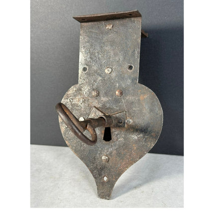 Moravian Hammered Metal Lock with Key Wrought Iron Chest Grab Lock