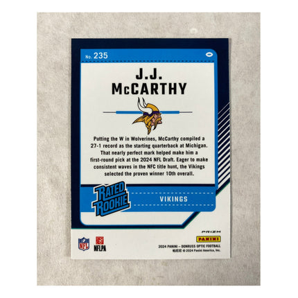 2024 Donruss Optic Rated Rookie J.J. McCarthy RC Pink Prizm #235 Vikings