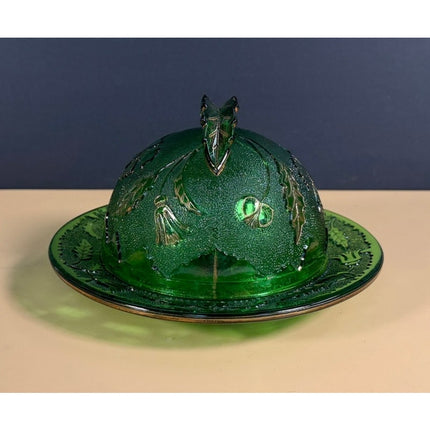 US Glass Green Gold Covered Butter Dish Vintage Pressed Glass