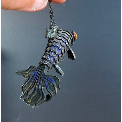 Cloisonne Koi Fish Pendant Sterling Silver 3.5" Vintage Jewelry Collectible