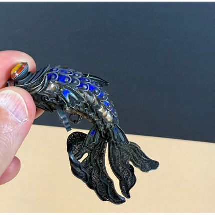 Cloisonne Koi Fish Pendant Sterling Silver 3.5" Vintage Jewelry Collectible