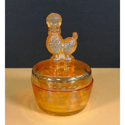 Jeanette Marigold Carnival Glass Poodle Dog Powder Trinket Dish 6" Vintage