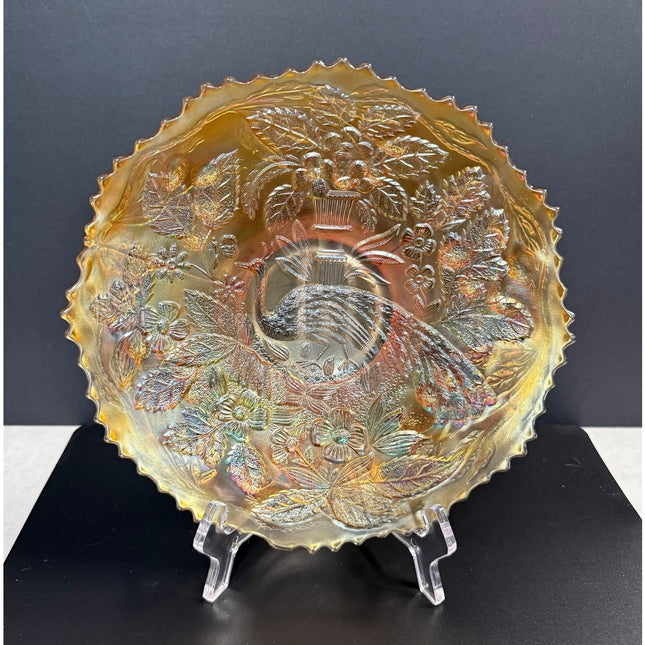 Antique Fenton “Peacock and Urn” Carnival Glass 9" Ruffled Plate