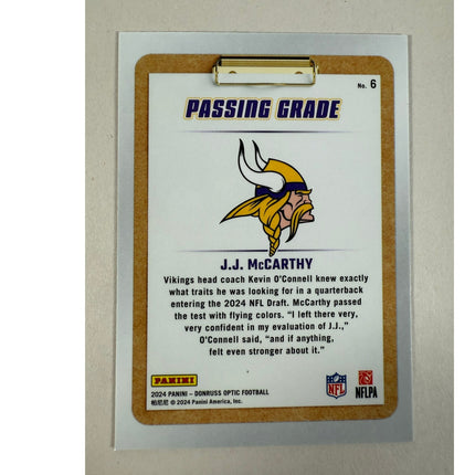 2024 Donruss Optic J.J. McCarthy RC #6 Passing Grade Rookie Insert