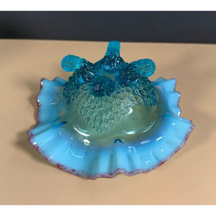 Antique Jefferson Blue Opalescent Footed Bowl Ruffled Cranberry Rim 7"