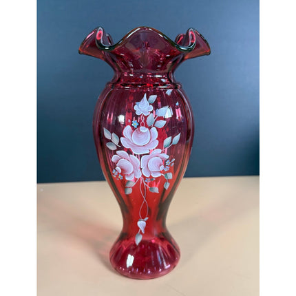 Fenton Cranberry Glass Vase Hand Painted Floral Ruffled Rim Signed C.R. Kelley