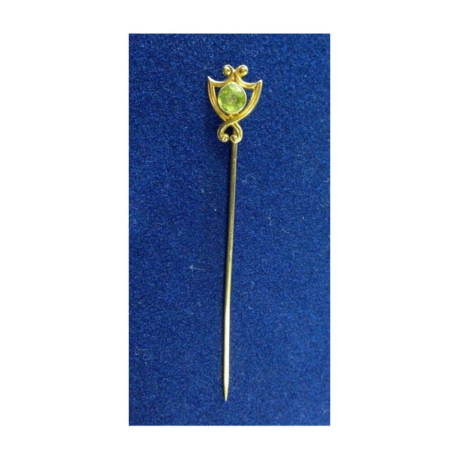 Vintage 14K Yellow Gold Hat Pin – Fancy Design w/ Green Stone – 2.5”